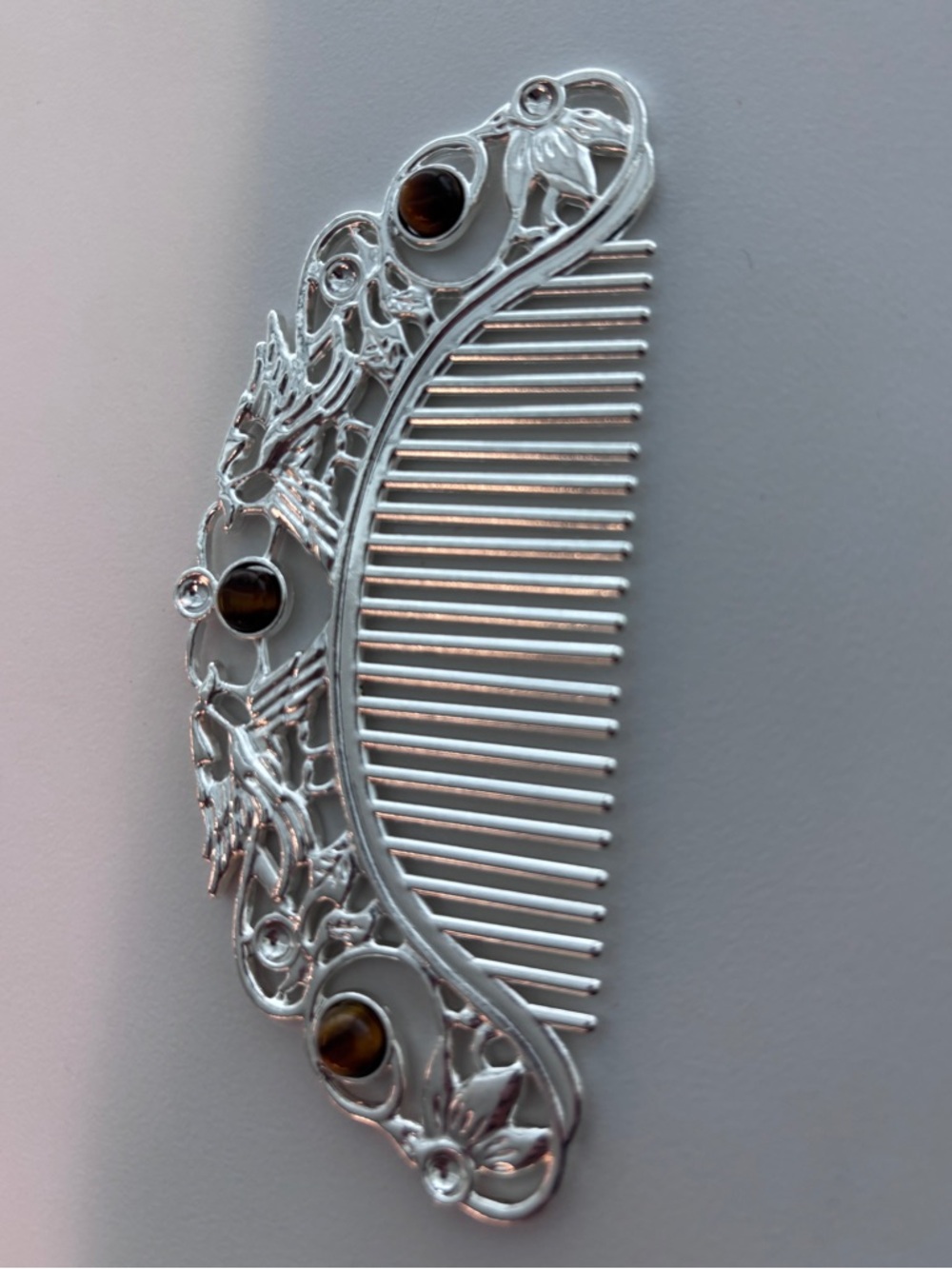 Floral Filigree Asian Decorative Silver Tiger Eye Stone Hair Comb